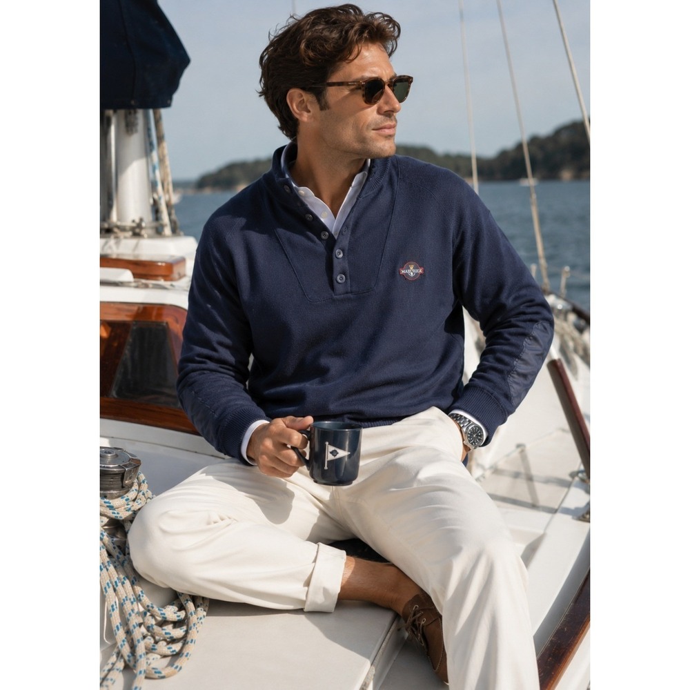 Mariner Navy Blue  Sailing Henley Sweater Elbow Patches XL‎ Retro 90s Yachting